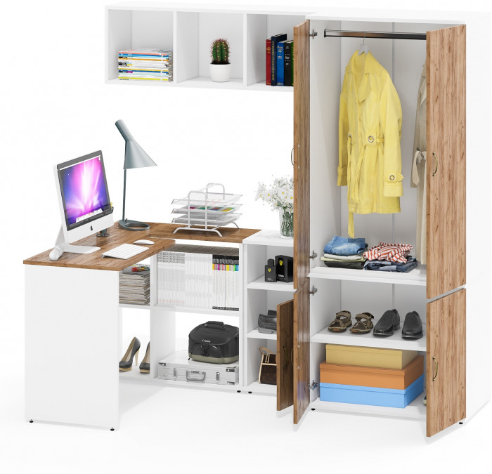 Лидер-8 Стол + Полка + Тумба МД 3.19 + Шкаф МД 19Б, белый шагрень/крафт золото