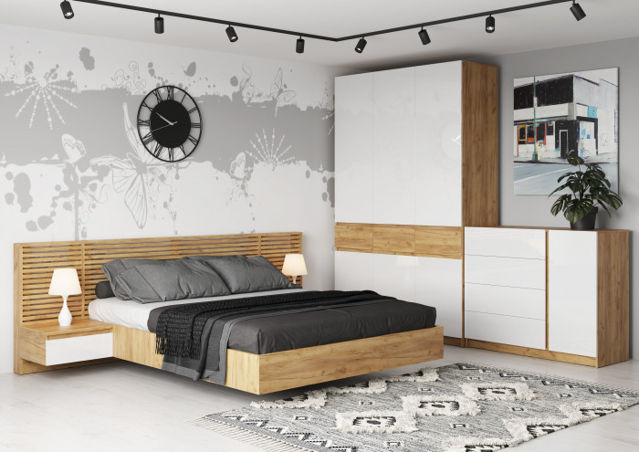 Модульная спальня Бостон МДФ 160 с ортопедом и ПМ, крафт золотой/белый глянец