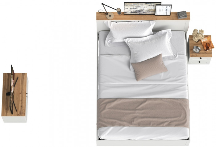 Остин 11.53 Кровать + ортопед + 16.152 Тумба прикроватная + 13.257 Тумба, белый шагрень/дуб крафт золотой