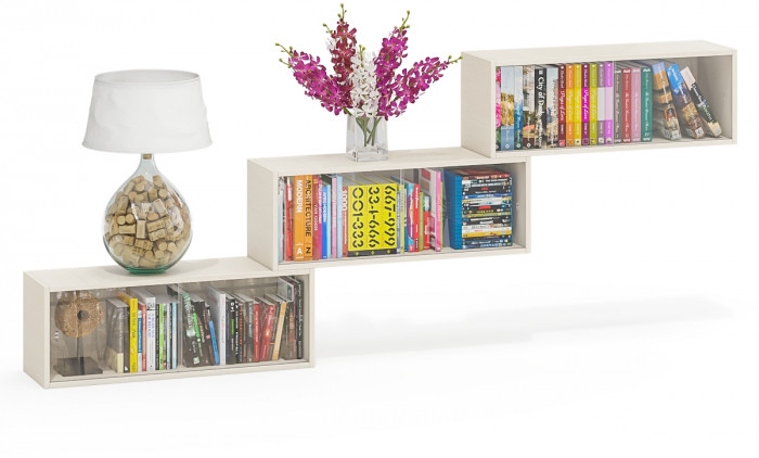 Три полки книжных С-МД-КН01, цвет дуб, ШхГхВ размер каждой полки в отдельности: 83х25х30 см., стеклянные дверцы