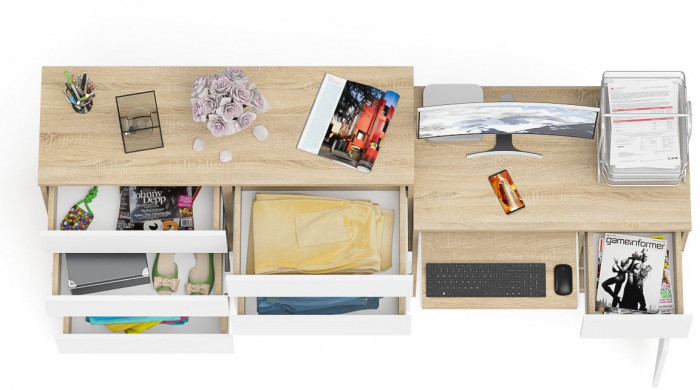 Мори компьютерный стол МС-1 правый + Комод МК1200.8, дуб сонома/белый