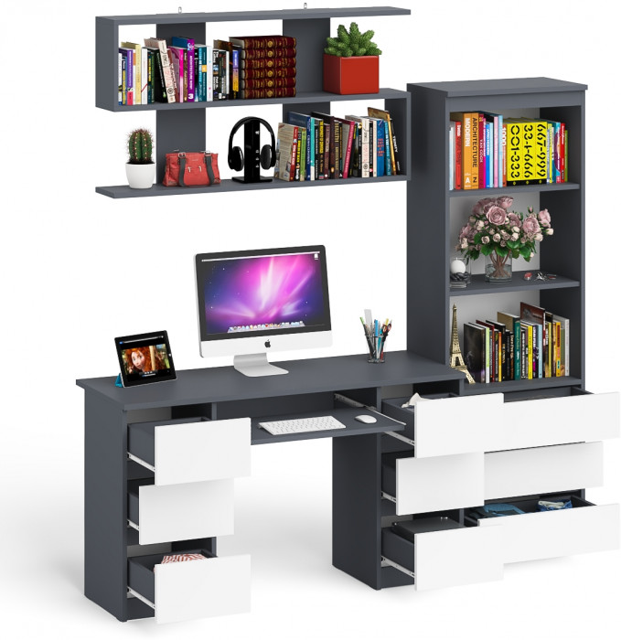 Мори компьютерный стол МС-2 + Стеллаж МСТ600.3 + Полка 1200, графит/белый