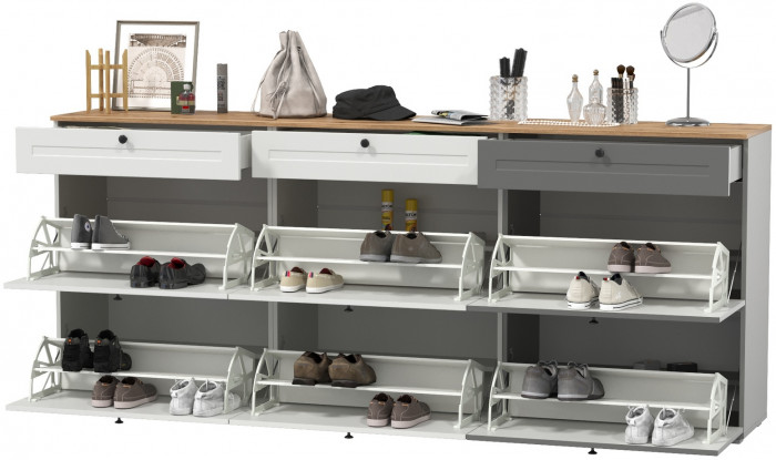 Остин 16.121 Тумба для обуви + 16.121 Тумба для обуви + 16.121 Тумба для обуви, белый шагрень/дуб крафт золотой