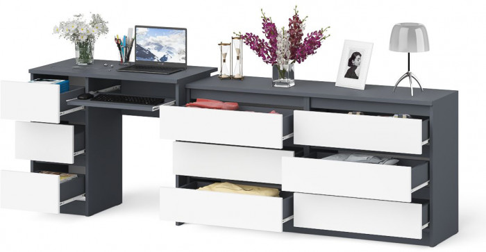 Мори Стол компьютерный МС-6 левый + Комод МК1380.6, цвет графит/белый, ШхГхВ 228х50х76,6 см., выдвижные ящики слева, НЕ универсальная сборка