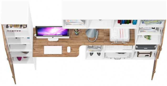 Лидер-8 Пенал МД 22Б + Стол + Полка + Пенал, белый шагрень/крафт золото