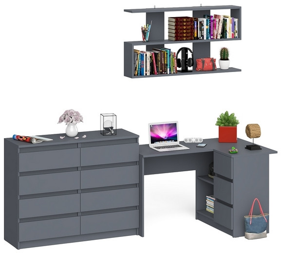 Мори компьютерный стол МС-16 правый + Комод МК1200.8 + Полка 1200, графит