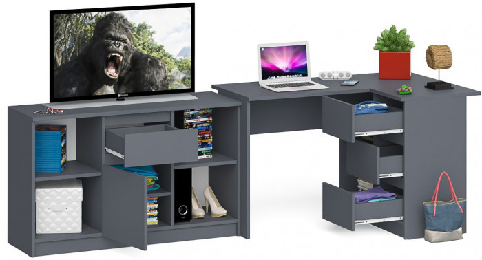 Мори компьютерный стол МС-16 правый + Тумба МТВ1204.1, графит