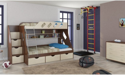 Детская двухъярусная кровать Дельта 20.01+23.02+25 (Орех, Белый)