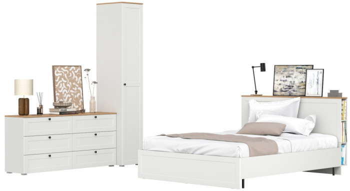 Остин 11.53 Кровать + ортопед + 13.225 Шкаф-пенал + 16.240 Комод, белый шагрень/дуб крафт золотой