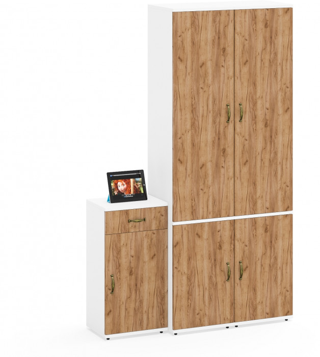 Лидер-8 Пенал МД 21Б + Пенал МД 21Б + Тумба МД 3.15, цвет белый шагрень/крафт золото, ШхГхВ 120х37,5х190 см., универсальная сборка