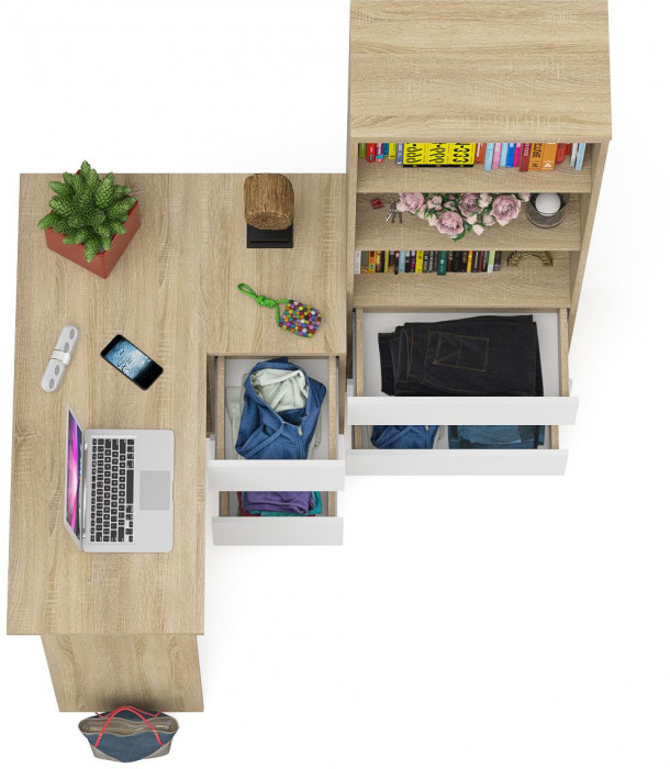 Мори Стол компьютерный МС-16 правый + Стеллаж МСТ600.3, цвет дуб сонома/белый, ШхГхВ 184,8х84,9х179,6 см., выдвижные ящики справа, НЕ универ. сборка