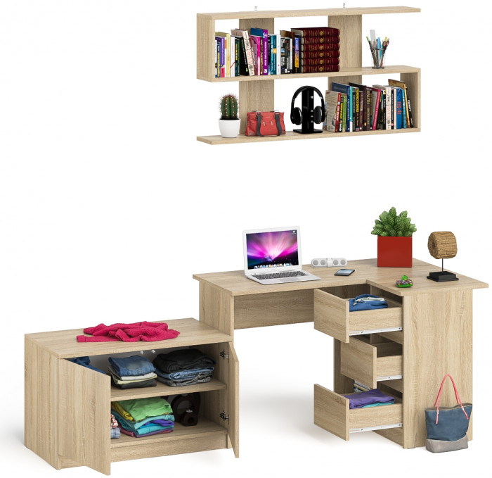 Мори Стол компьютерный МС-16 правый + Тумба МА900.1 + Полка 1200, цвет дуб сонома, ШхГхВ 214,8х84,9х209,6 см., НЕ универсальная сборка