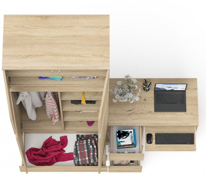 Мори Стол компьютерный МС-6 левый + Шкаф МШ900.1 + Антресоль МА900.1, цвет дуб сонома, ШхГхВ 180,4х50,4х234,2 см., выдвиж. ящики слева, НЕ ун. сб.