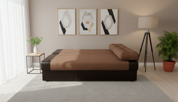 Диван-еврокнижка Амстердам Мини Люкс, 150х195 пружинный блок, рогожка/экокожа, черно-коричневый