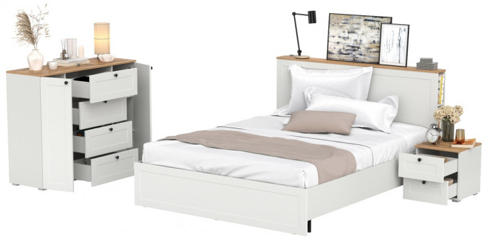 Остин 11.53 Кровать + ортопед + 16.152 Тумба прикроватная + 16.221 Комод, белый шагрень/дуб крафт золотой
