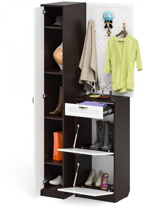 Прихожая П-6 Компоновка № 44, цвет венге/фасады МДФ белое дерево фрезеровка ромб, ШхГхВ 90х50х210 см., универсальная сборка