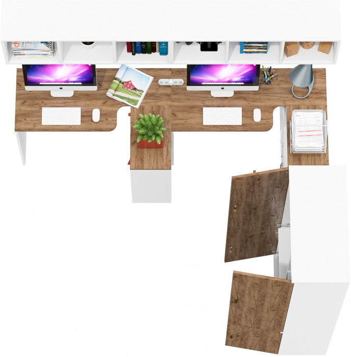 Лидер-8 Стол + Полка + Стол + Полка + Шкаф МД 20Б + Тумба МД 3.15, белый шагрень/крафт золото