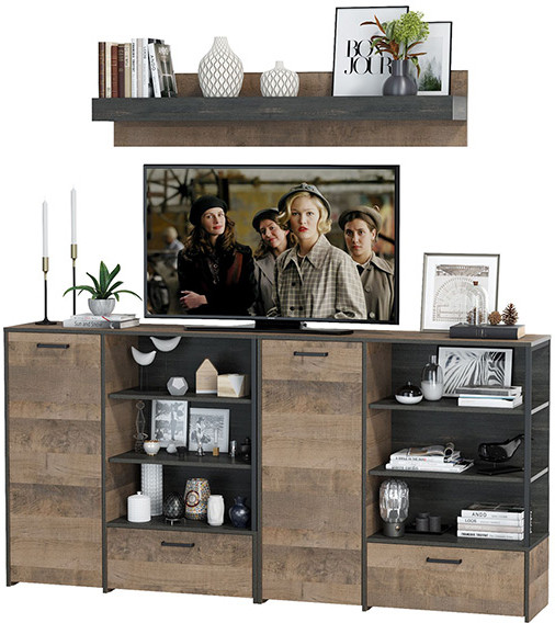 Трувор Гостиная 001, цвет дуб гранж песочный/интра, ШхГхВ 218х36,9х195 см., универсальная сборка