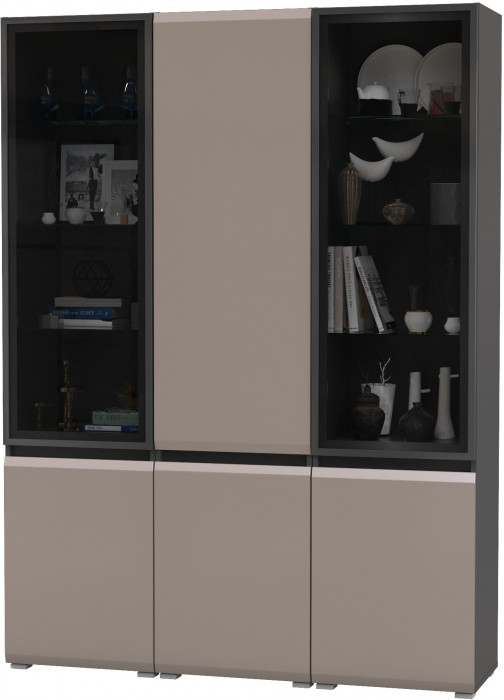 Сидней 13.201 Шкаф-витрина 2 штуки + Шкаф 13.200, цвет корпус: антрацит/фасады: МДФ веллюто капучино/стекло, ШхГхВ 150х41,3х205,2 см., ун. сб