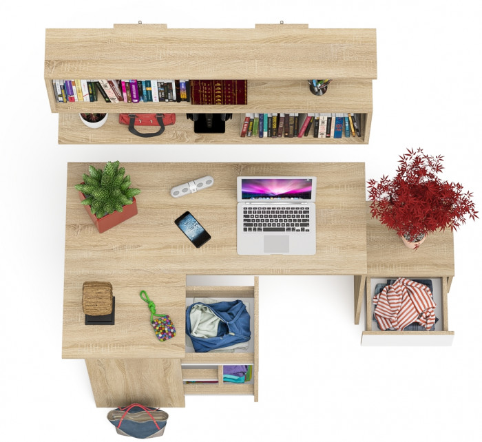 Мори Стол компьютерный МС-16 левый + Тумба ТМП400.1 + Полка 1200, цвет дуб сонома/белый, ШхГхВ 164,8х84,9х209,6 см., НЕ универсальная сборкаа