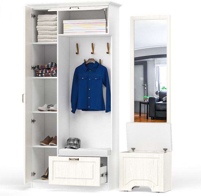 Ливерпуль Прихожая 13.21 + карниз 1000 + Зеркало 03.242 + Пуф 14.02, ясень ваниль/белый