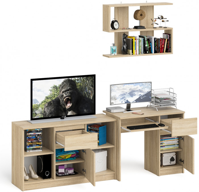 Мори компьютерный стол МС-1 правый + Тумба МТВ1204.1 + Полка 900, дуб сонома