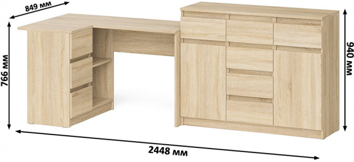 Мори компьютерный стол МС-16 левый + Комод МК1200.4, дуб сонома