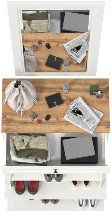 Остин 16.121 Тумба для обуви + 17.03 Зеркало, белый шагрень/дуб крафт золотой