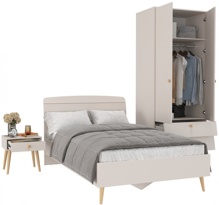 Афина Спальня Кровать 1200 + Шкаф 2-х дверный + Тумба, цвет кашемир серый, 123,6х210,2х95,7 + 90,3х56,3х220 + 45х37х45 см., 1200х2000, б/м, осн. есть