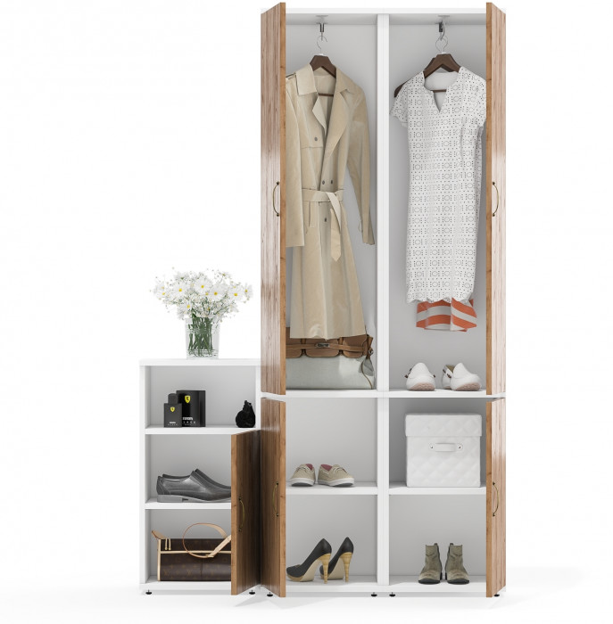 Лидер-8 Пенал МД 21Б + Пенал МД 21Б + Тумба МД 3.19, цвет белый шагрень/крафт золото, ШхГхВ 120х37,5х190 см., универсальная сборка