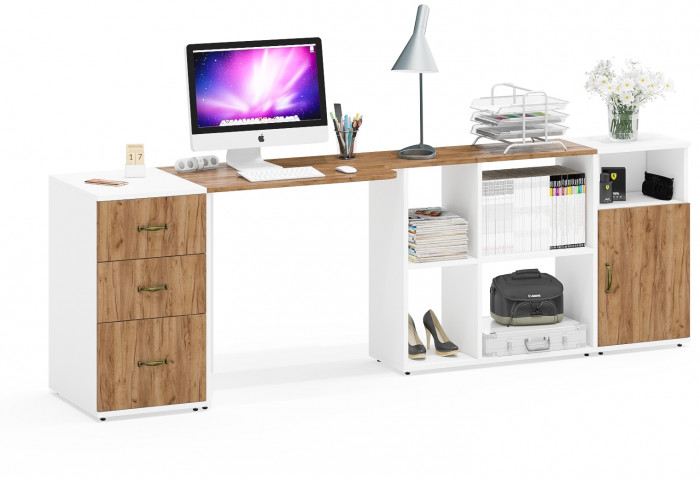 Лидер-8 Стол + Тумба МД 3.16 + Тумба МД 3.19, цвет белый шагрень/крафт золото, ШхГхВ 245х50/30х75 см. или 115х50/160х75 см., НЕ универсальная сборка