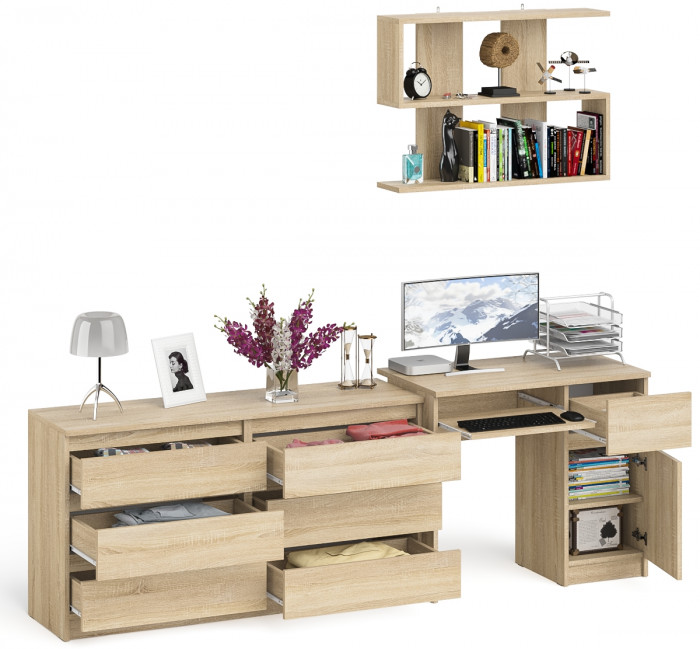 Мори компьютерный стол МС-1 правый + Комод МК1380.6 + Полка 900, дуб сонома