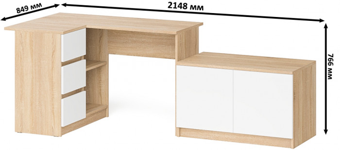 Мори компьютерный стол МС-16 левый + Тумба МА900.1, дуб сонома/белый