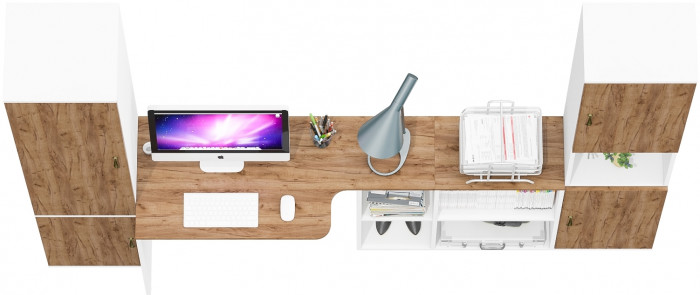 Лидер-8 Пенал МД 21Б + Стол + Пенал, цвет белый шагрень/крафт золото, ШхГхВ 245х50/37,5х75/190 или 155х120/50х75/190 см., НЕ универсальная сборка