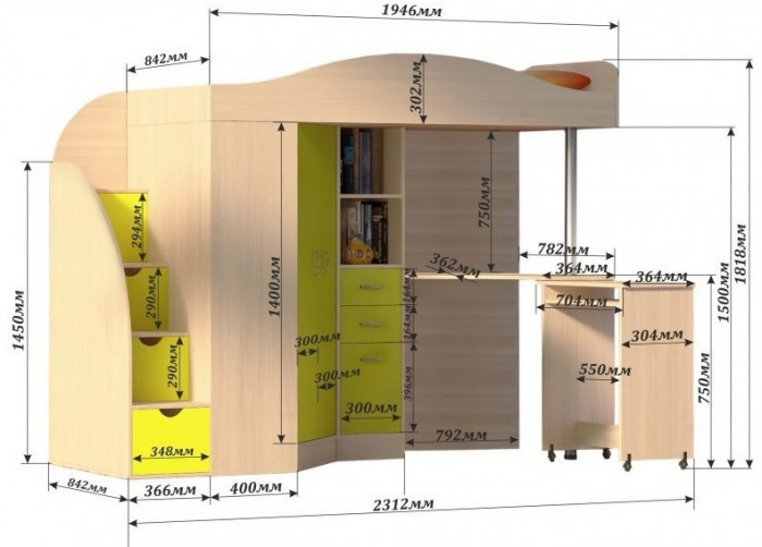Кровать-чердак Юниор 4 (Ясень Анкор Темный/Венге)