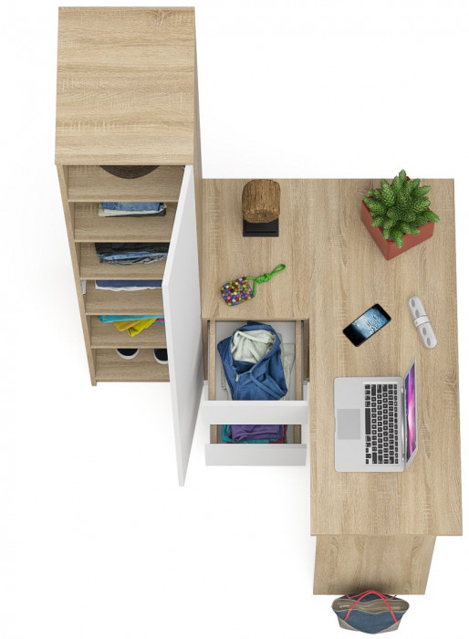 Мори Стол компьютерный МС-16 левый + Пенал МШ400.1, цвет дуб сонома/белый, ШхГхВ 164,8х84,9х209,6 см., выдвижные ящики слева, НЕ универсальная сборка
