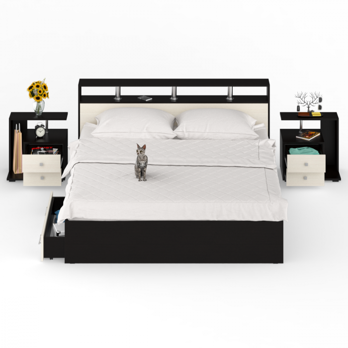 Камелия Кровать с ящиками 1800 + две тумбы, венге/дуб лоредо