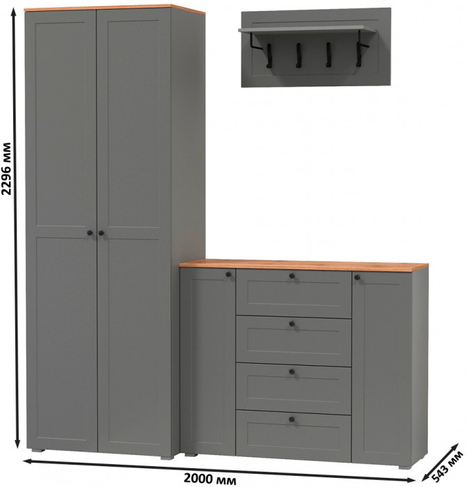 Остин Прихожая 15, цвет серый графит/дуб крафт золотой, ШхГхВ 200х54,3х229,6 см., универсальная сборка
