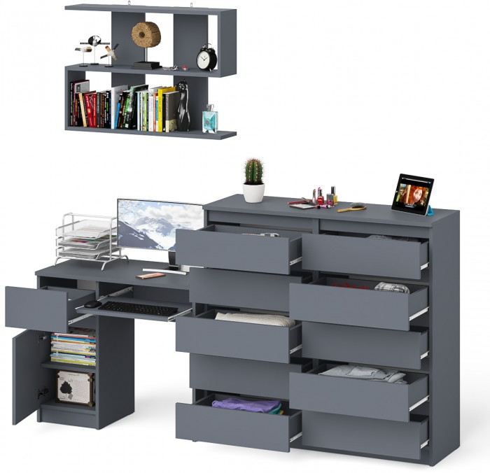Мори компьютерный стол МС-1 левый + Комод МК1200.10 + Полка 900, графит