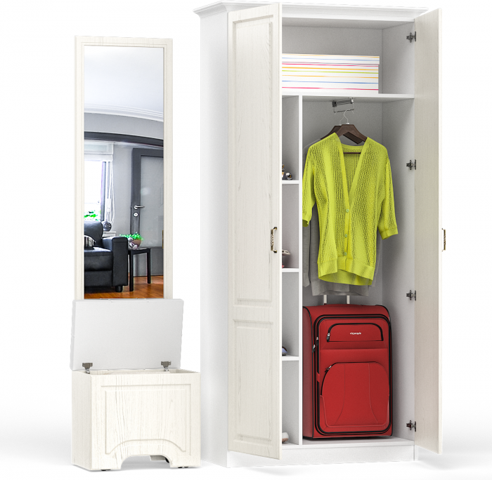 Ливерпуль Пуф 14.02 + Зеркало 03.242 + Шкаф для одежды + карниз 1000, ясень ваниль/белый