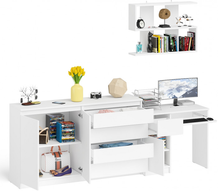 Мори компьютерный стол МС-1 левый + Комод МК1600.1 + Полка 900, белый