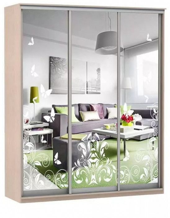 Шкаф купе Модерн 2076х600 3-х дверный 3-х секционный зеркальный с пескоструем №4 ясень