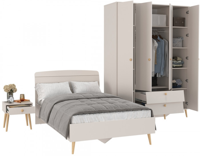 Афина Спальня Кровать 1200 + Шкаф 4-х дверный + Тумба, цвет кашемир серый, 123,6х210,2х95,7 + 160х56,3х220 + 45х37х45 см., 1200х2000, б/м, осн. есть
