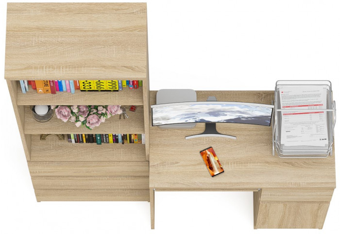 Мори Стол компьютерный МС-1 правый + Стеллаж МСТ600.3, цвет дуб сонома, ШхГхВ 150,4х50х179,6 см., выдвижной ящик справа, НЕ универсальная сборка