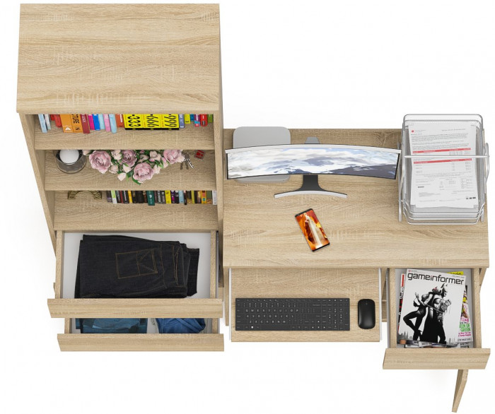 Мори Стол компьютерный МС-1 правый + Стеллаж МСТ600.3, цвет дуб сонома, ШхГхВ 150,4х50х179,6 см., выдвижной ящик справа, НЕ универсальная сборка