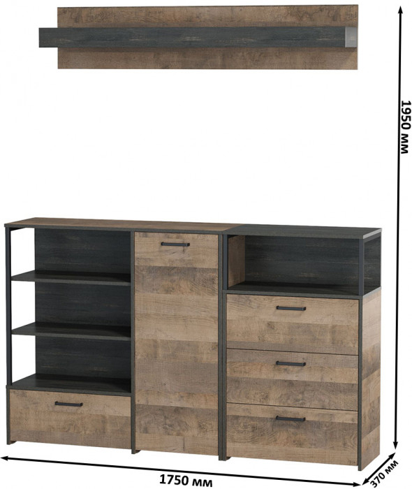Трувор Гостиная 004, цвет дуб гранж песочный/интра, ШхГхВ 175х37х195 см., универсальная сборка
