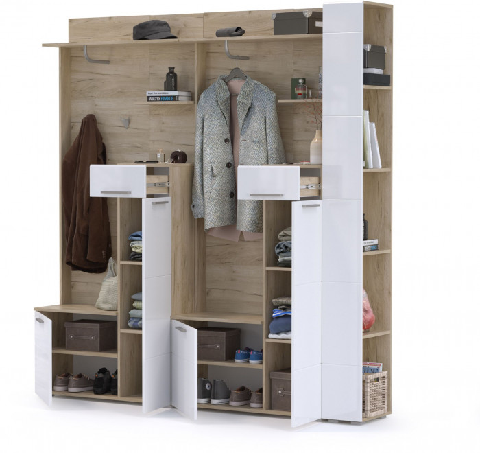 Лайн Прихожая № 07, цвет дуб крафт серый/фасады МДФ белый глянец, ШхГхВ 201,6х35,1х210 см., НЕ универсальная сборка