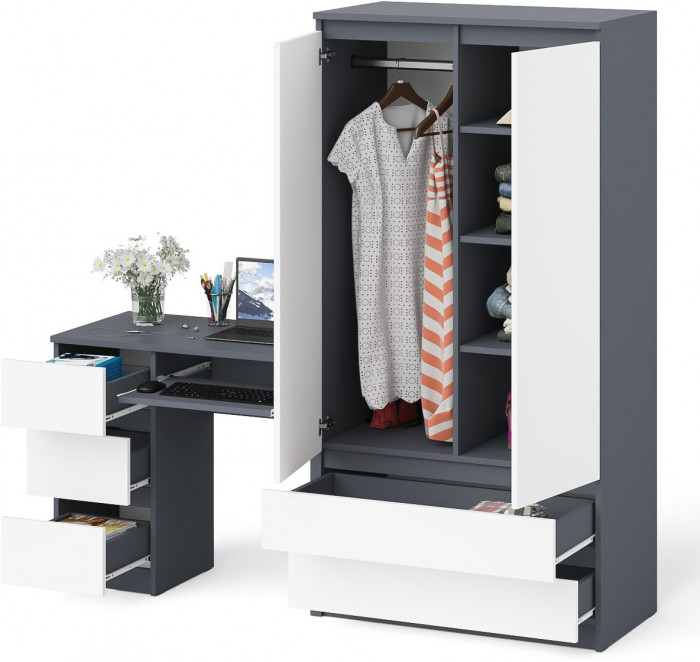 Мори Стол компьютерный МС-6 левый + Шкаф МШ900.1, цвет графит/белый, ШхГхВ 180,4х50,4х179,6 см., выдвижные ящики слева, НЕ универсальная сборка