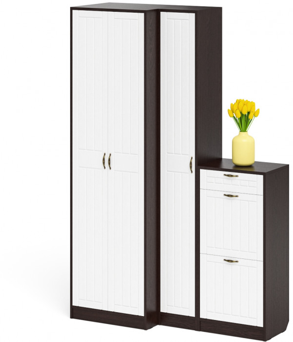 Прихожая П-6 Компоновка № 28, венге/фасады МДФ белое дерево фрезеровка прованс