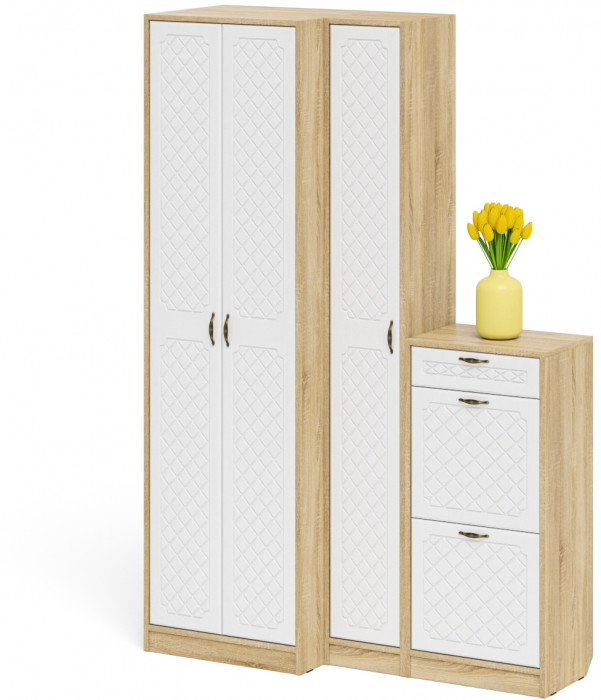 Прихожая П-6 Компоновка № 28, цвет дуб сонома/фасады МДФ белое дерево фрезеровка ромб, ШхГхВ 140х50х210 см., универсальная сборка